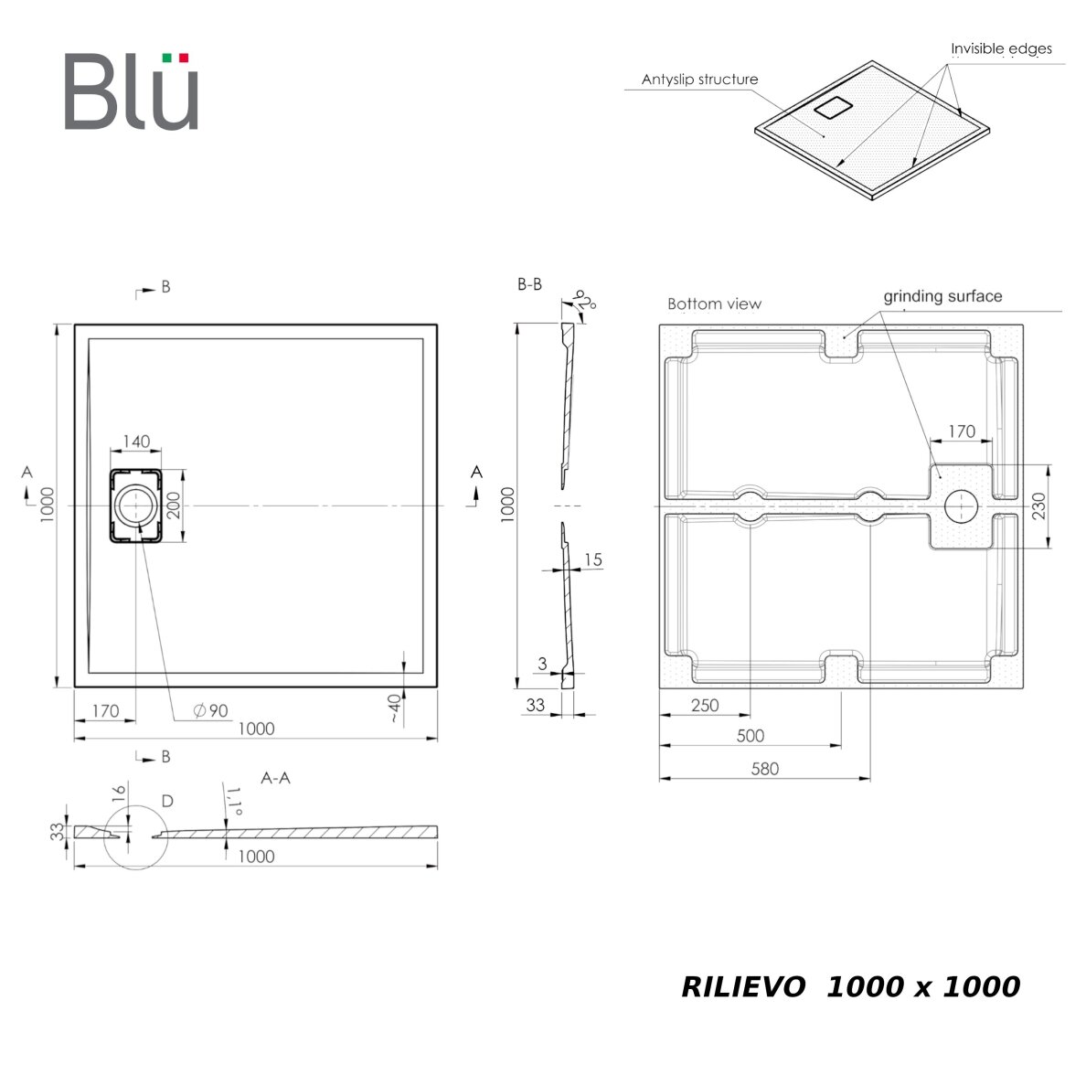 Akmens masės dušo padėklas RILIEVO 100x100 su sifonu, neslystantis matinis smėlio spalvos, BLU 2 Akmens masės dušo padėklas RILIEVO 100x100 su sifonu, neslystantis matinis smėlio spalvos, BLU 2