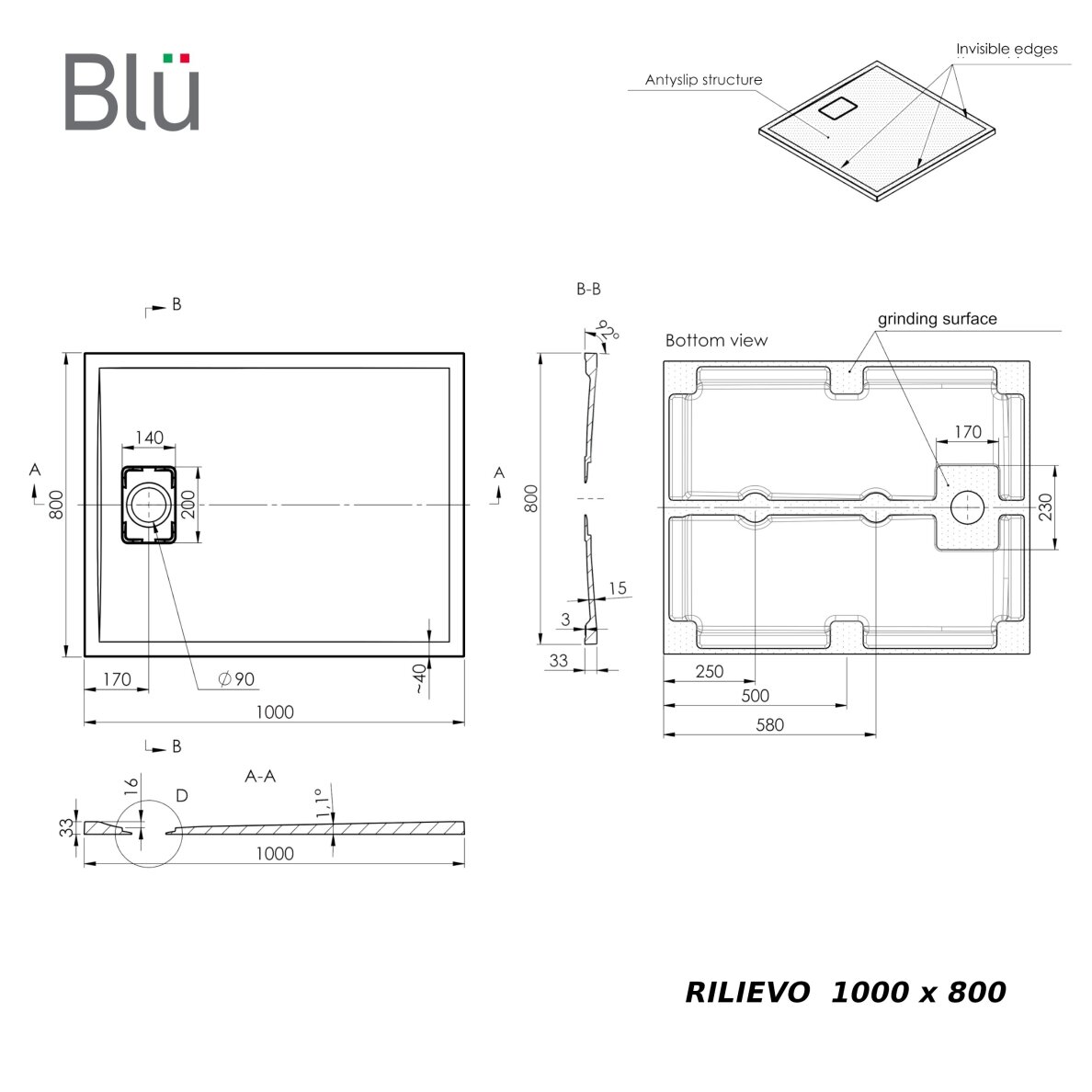 Akmens masės dušo padėklas RILIEVO 100x80 su sifonu, neslystantis matinis baltas, BLU 3