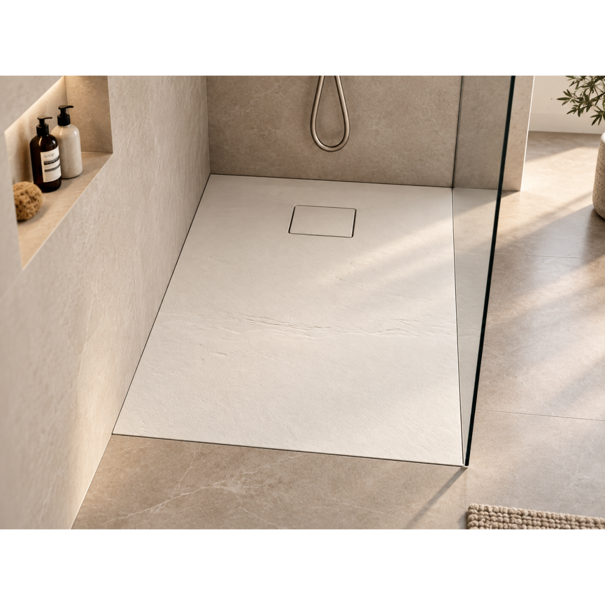 Akmens masės dušo padėklas RILIEVO 100x80 su sifonu, neslystantis matinis baltas, BLU 2
