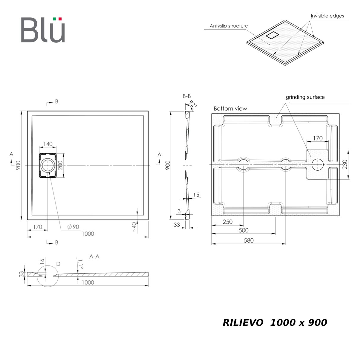 Akmens masės dušo padėklas RILIEVO 100x90 su sifonu, neslystantis matinis smėlio spalvos, BLU 2 Akmens masės dušo padėklas RILIEVO 100x90 su sifonu, neslystantis matinis smėlio spalvos, BLU 2