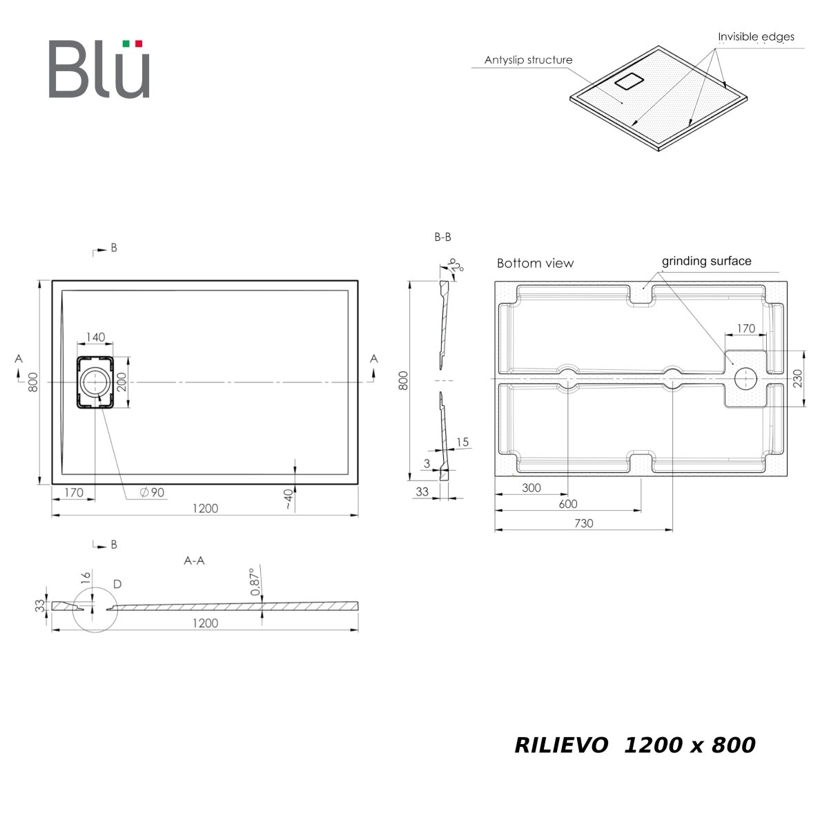Akmens masės dušo padėklas RILIEVO 120x80 su sifonu, neslystantis matinis baltas, BLU 3 Akmens masės dušo padėklas RILIEVO 120x80 su sifonu, neslystantis matinis baltas, BLU 3