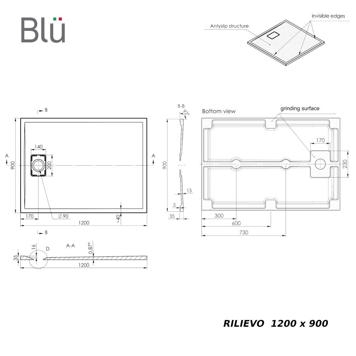 Akmens masės dušo padėklas RILIEVO 120x90 su sifonu, neslystantis matinis baltas, BLU 4 Akmens masės dušo padėklas RILIEVO 120x90 su sifonu, neslystantis matinis baltas, BLU 4