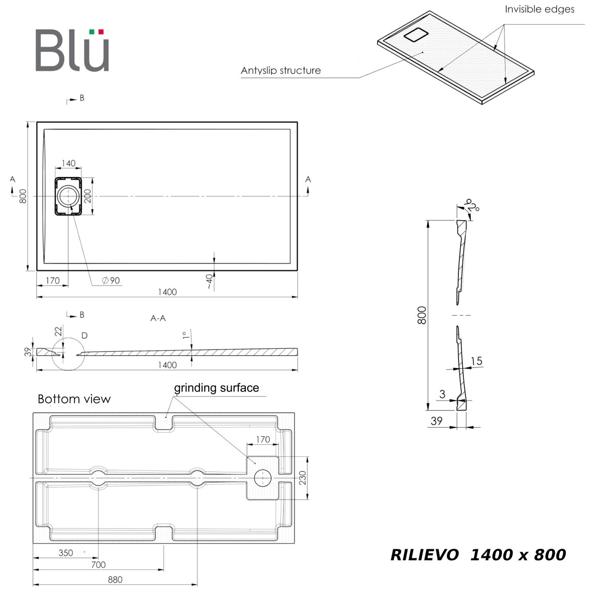 Akmens masės dušo padėklas RILIEVO 140x80 su sifonu, neslystantis matinis baltas, BLU 4