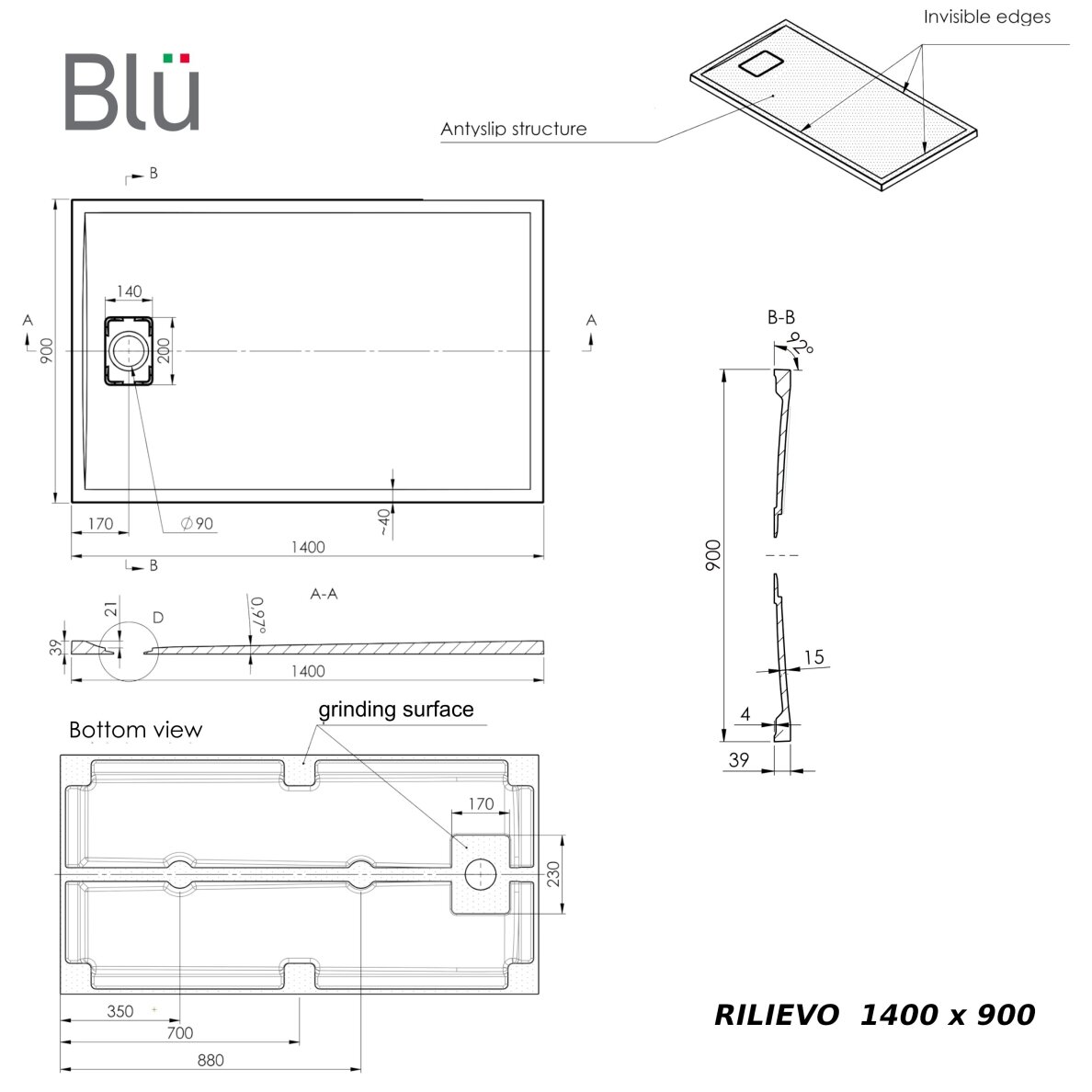 Akmens masės dušo padėklas RILIEVO 140x90 su sifonu, neslystantis matinis baltas, BLU 4