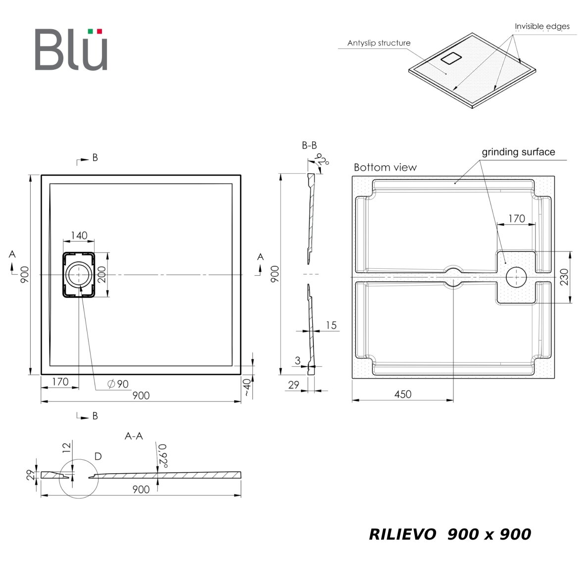 Akmens masės dušo padėklas RILIEVO 90x90 su sifonu, neslystantis matinis smėlio spalvos, BLU 2 Akmens masės dušo padėklas RILIEVO 90x90 su sifonu, neslystantis matinis smėlio spalvos, BLU 2