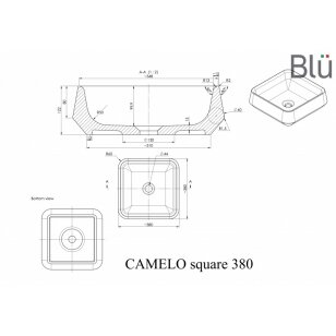Praustuvas CAMELO SQUARE 380x380, pastatomas, akmens masės, Blu