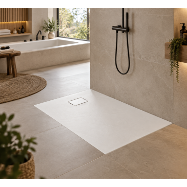 Akmens masės dušo padėklas RILIEVO 140x80 su sifonu, neslystantis matinis baltas, BLU Akmens masės dušo padėklas RILIEVO 140x80 su sifonu, neslystantis matinis baltas, BLU
