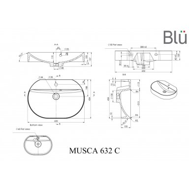 Умывальник из каменной массы (литьевой мрамор) Blu MUSCA 632 Умывальник из каменной массы (литьевой мрамор) Blu MUSCA 632