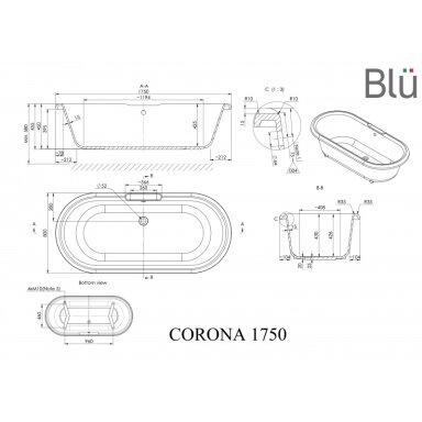 Akmens masės retro vonia Blu CORONA 1750 Evermite Akmens masės retro vonia Blu CORONA 1750 Evermite