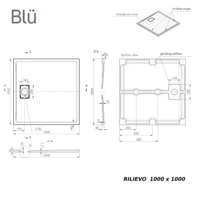 Akmens masės dušo padėklas RILIEVO 100x100 su sifonu, neslystantis matinis smėlio spalvos, BLU 2 Akmens masės dušo padėklas RILIEVO 100x100 su sifonu, neslystantis matinis smėlio spalvos, BLU 2
