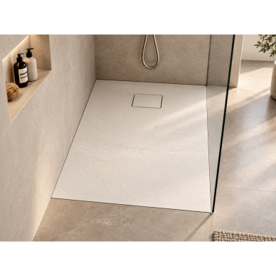 Akmens masės dušo padėklas RILIEVO 100x90 su sifonu, neslystantis matinis baltas, BLU 1