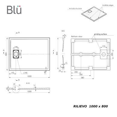Akmens masės dušo padėklas RILIEVO 100x80 su sifonu, neslystantis matinis baltas, BLU 3