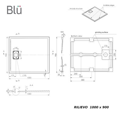 Akmens masės dušo padėklas RILIEVO 100x90 su sifonu, neslystantis matinis baltas, BLU 3