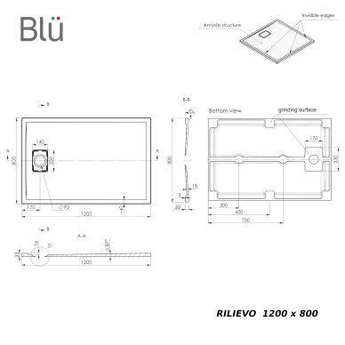 Akmens masės dušo padėklas RILIEVO 120x80 su sifonu, neslystantis matinis pilkas, BLU 2