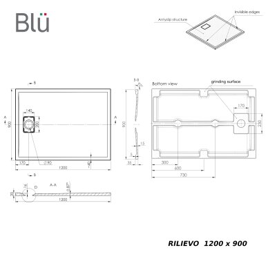 Akmens masės dušo padėklas RILIEVO 120x90 su sifonu, neslystantis matinis baltas, BLU 4