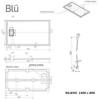 Akmens masės dušo padėklas RILIEVO 140x80 su sifonu, neslystantis matinis baltas, BLU 4