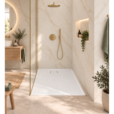 Akmens masės dušo padėklas RILIEVO 140x90 su sifonu, neslystantis matinis baltas, BLU 1 Akmens masės dušo padėklas RILIEVO 140x90 su sifonu, neslystantis matinis baltas, BLU 1