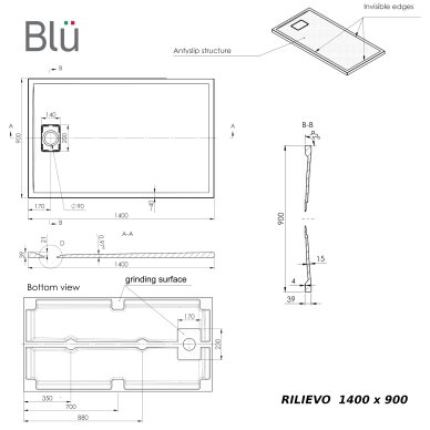 Akmens masės dušo padėklas RILIEVO 140x90 su sifonu, neslystantis matinis baltas, BLU 4 Akmens masės dušo padėklas RILIEVO 140x90 su sifonu, neslystantis matinis baltas, BLU 4
