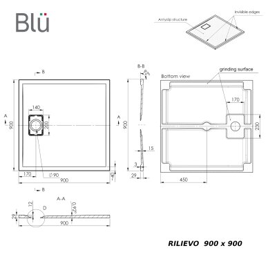 Akmens masės dušo padėklas RILIEVO 90x90 su sifonu, neslystantis matinis smėlio spalvos, BLU 2 Akmens masės dušo padėklas RILIEVO 90x90 su sifonu, neslystantis matinis smėlio spalvos, BLU 2