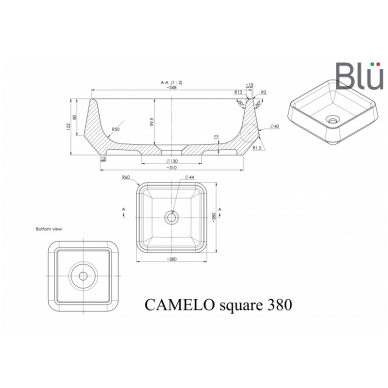 Praustuvas CAMELO SQUARE 380x380, pastatomas, akmens masės, Blu 1