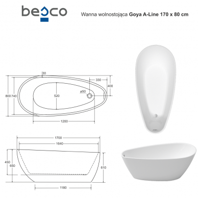 Отдельностоящая акриловая ванна Goya A-Line, Besco 6
