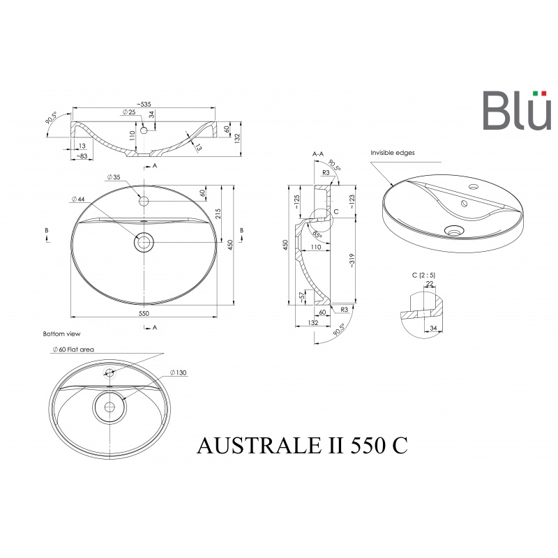 Умывальник из каменной массы (литьевой мрамор) Blu AUSTRALE II 1