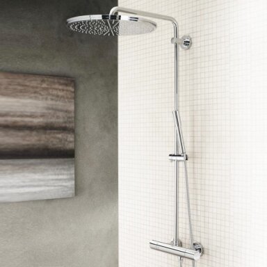 Dušo sistema su termostatu Rainshower Jumbo 400mm su Sena rankiniu dušeliu, chromas Dušo sistema su termostatu Rainshower Jumbo 400mm su Sena rankiniu dušeliu, chromas