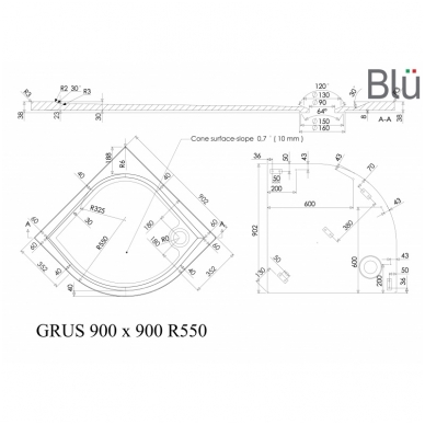 Dušo padėklas GRUS Round 100x100 cm R550, akmens masė, Blu 3