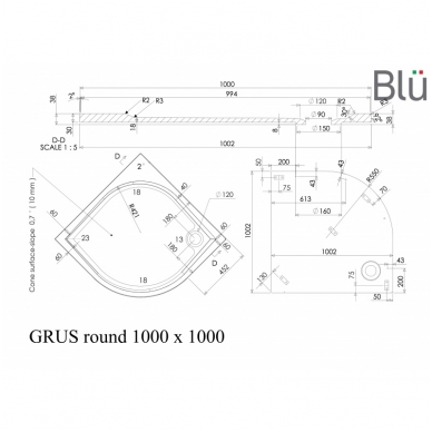 Dušo padėklas GRUS Round 100x100 cm R550, akmens masė, Blu 4