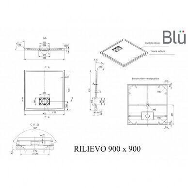 Juodas dušo padėklas RILIEVO Square 90x90, akmens masė, Blu 2