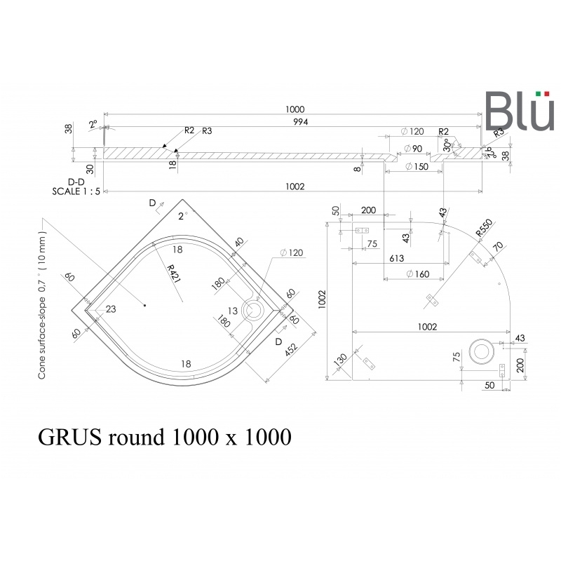 Поддон для душевого уголка Blu GRUS Round, каменная масса 4