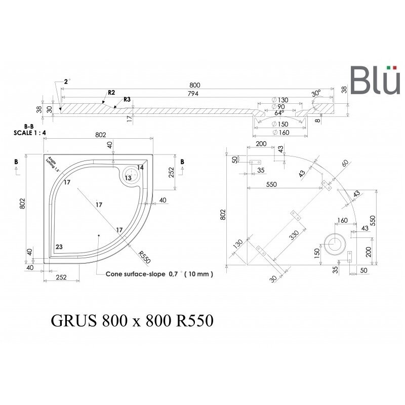 Dušo padėklas GRUS Round 80x80 cm R550, akmens masė, Blu 3 Dušo padėklas GRUS Round 80x80 cm R550, akmens masė, Blu 3