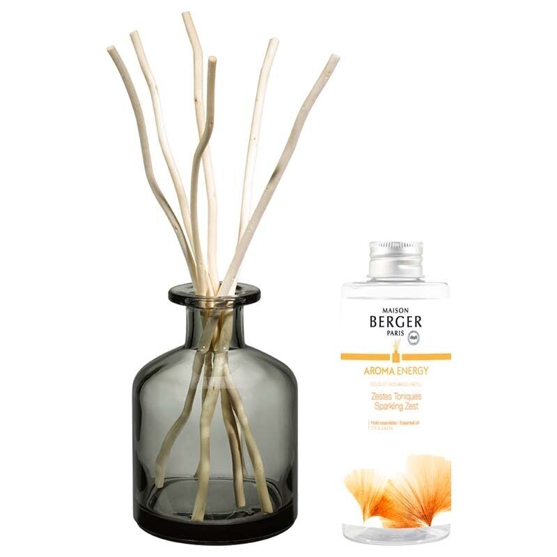 Kvapų indas su pagaliukais GREY AROMA + kvapas Aroma Energy 180ml, Maison Berger Kvapų indas su pagaliukais GREY AROMA + kvapas Aroma Energy 180ml, Maison Berger