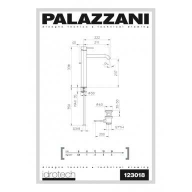 Высокий смеситель для умывальника Palazzani MIDI Idrotech