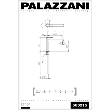 Смеситель для умывальника MIS с удлиненным изливом, Palazzani Смеситель для умывальника MIS с удлиненным изливом, Palazzani