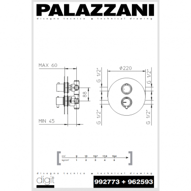 Potinkinis 2-jų eigų termostatinis maišytuvas DIGIT Color, Palazzani 1