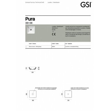 Praustuvas Pura Color 38 x 38, pastatomas arba įleidžiamas, GSI 2