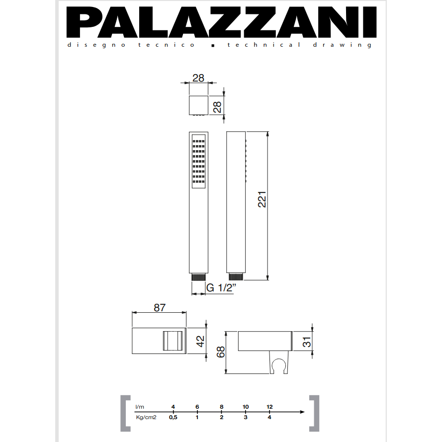 Ручной душ с держателем и шлангом QUBE STICK, Palazzani 1 Ручной душ с держателем и шлангом QUBE STICK, Palazzani 1