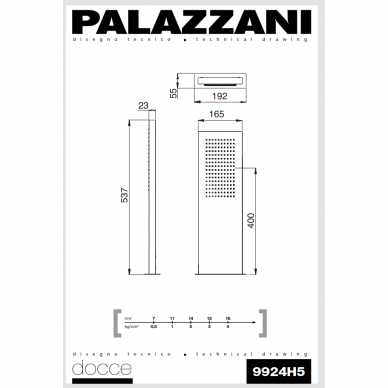 Душевая лейка настенная стационарная 537x165, нержавеющая сталь, Palazzani 3